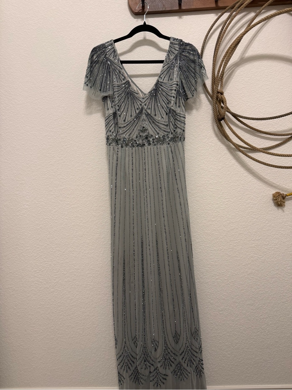 Adrianna Papell Silver Beaded V-Neck Maxi Dress